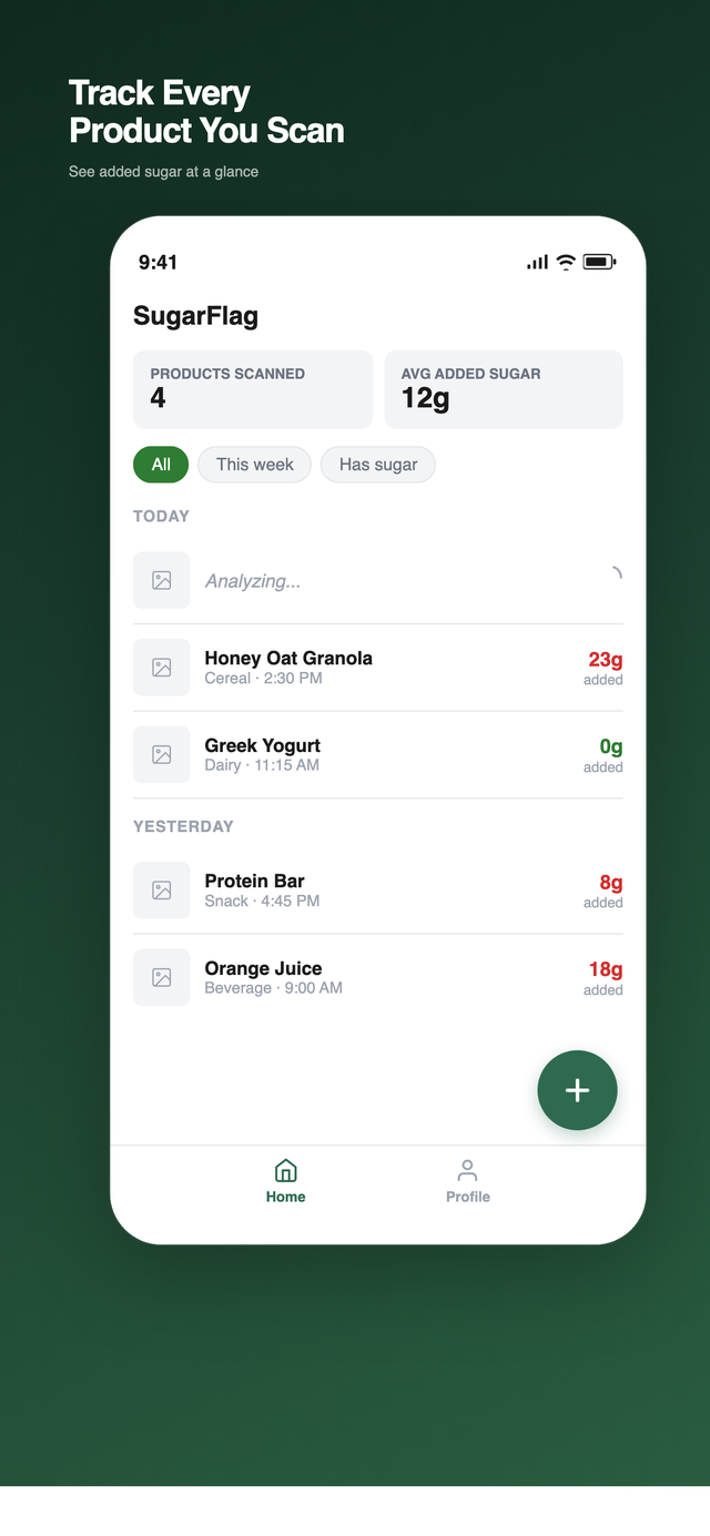 SugarFlag app - Check for Added Sugars screen