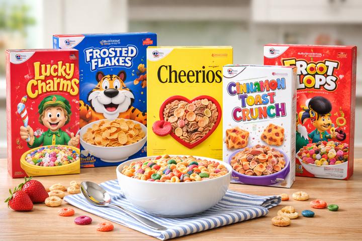 Colorful cereal packaging