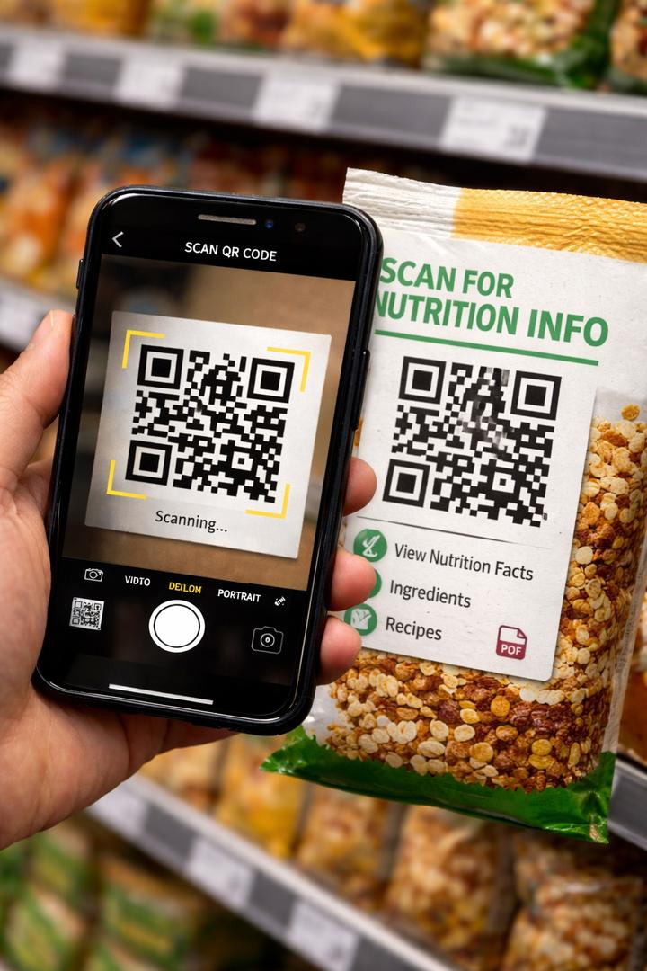 Person holding a smartphone and scanning a food product ingredient label in a kitchen