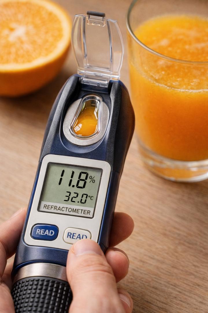 Handheld Brix refractometer on a white surface next to a glass of juice and fresh fruit