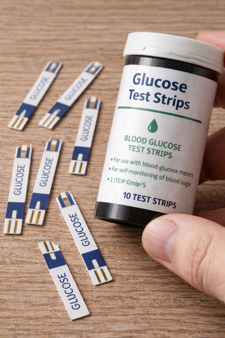 Glucose test strips on a white surface next to a glass of liquid and a dropper for sugar testing